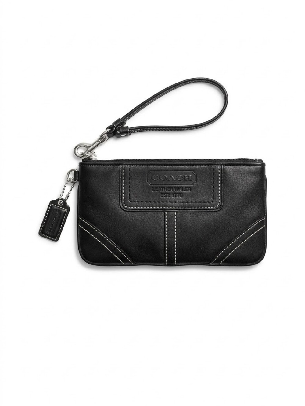 Coach Black Leather Wristlet Clutch with Contrast Stitching